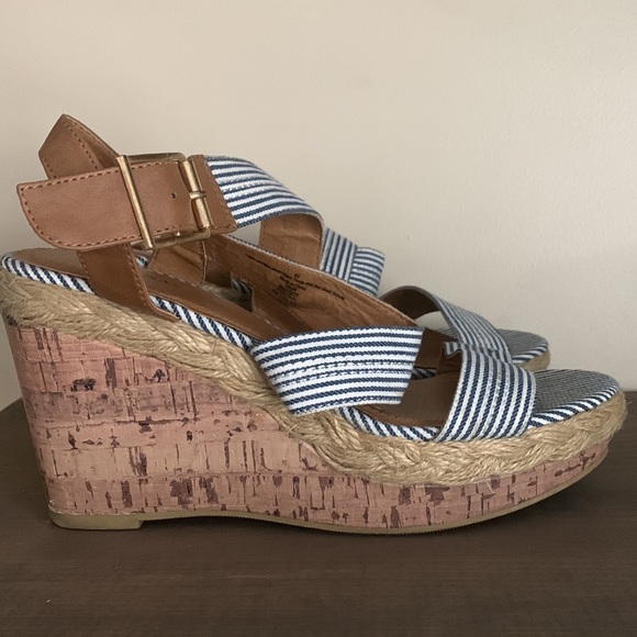 Nautical Blue and White Stripe Cork Wedges - Picture 4 of 9